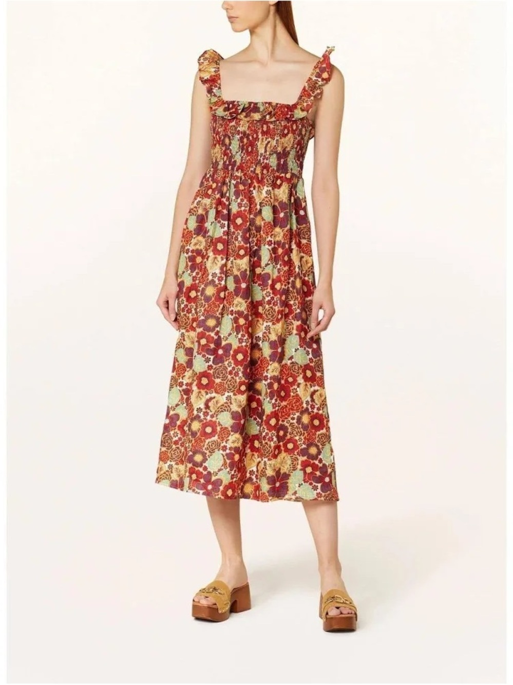 Floral Smocked Midi Dress in Red Multi